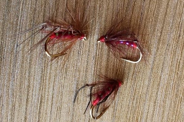 Set of 3 Fly Fishing Flies Trout Red Holo Hopper Cruncher size 12 